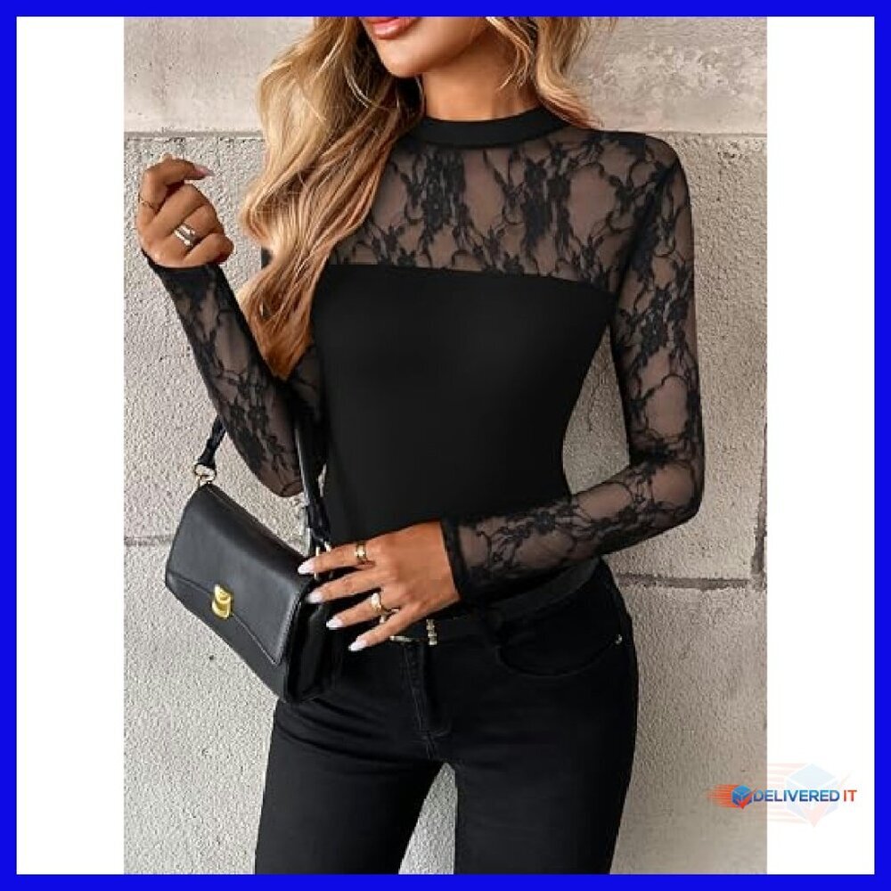 Long Sleeve Lace Mesh Blouse Sheer Crew Neck Sexy Going Out Top - Picture 3 of 8